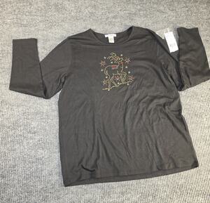 VTG 90s M& C Sportswear Women's Long Sleeve Reindeer Black Size Large T Shirt